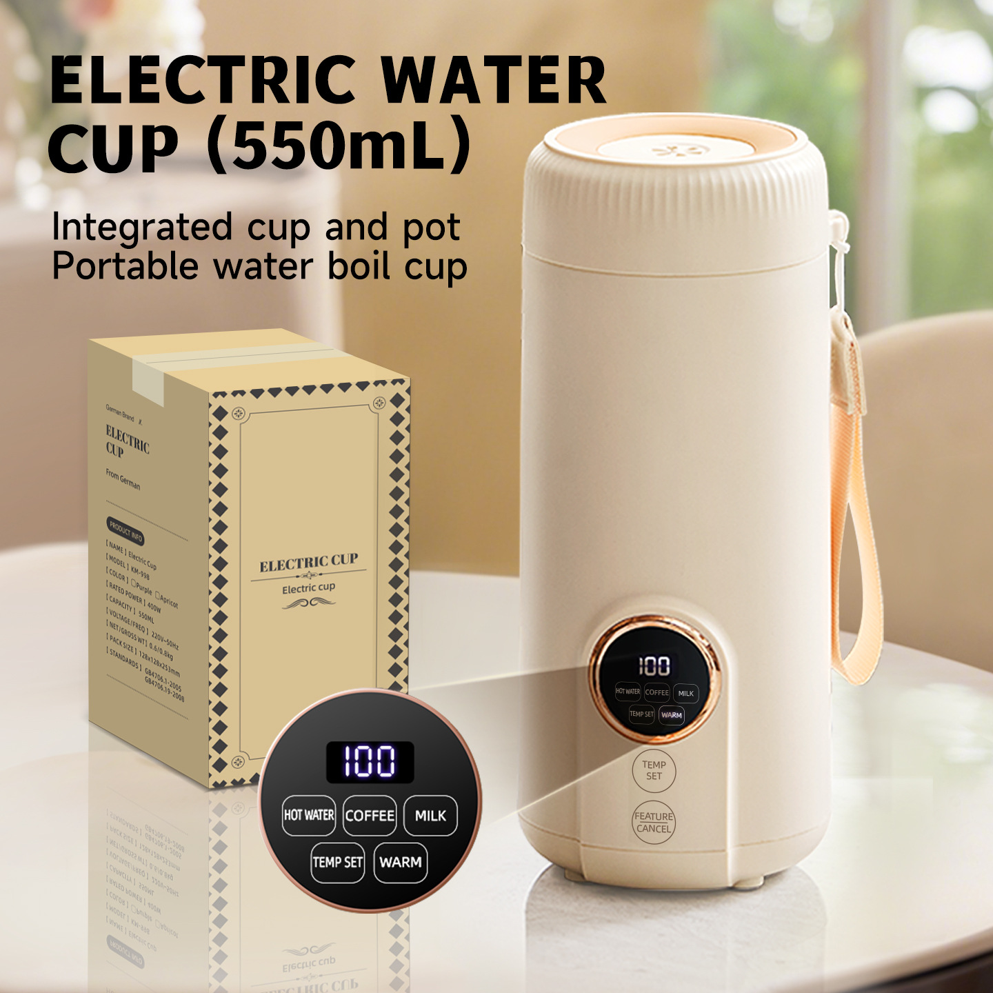 Portable Travel Kettle - 新型スマートLEDデジタルディスプレイ電気ケトル ポータブル電気加熱カップ 550ml 小型保温トラベル加熱ケトル