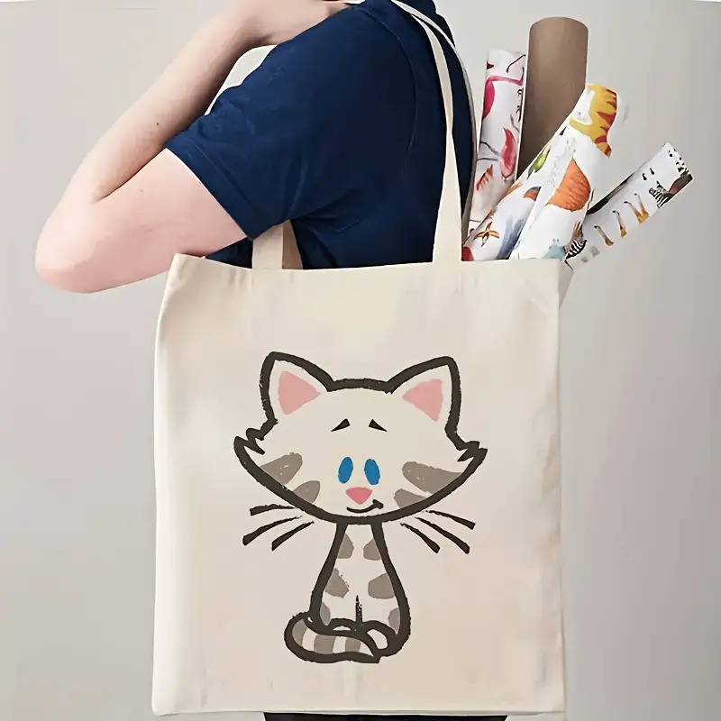 Quality Travel Accessories - 1ピース片面大容量折りたたみトートバッグ、かわいい猫柄付き--耐久性のあるポリエステル繊維製、旅行、ピクニック、パーティーに最適、洗濯機で洗えます、ベージュの高品質ギフトアイテム、シンプルなショルダーストラップデザイン、カジュアルな旅行用アクセサリー | 楽しいデザイン | 頑丈なハンドル