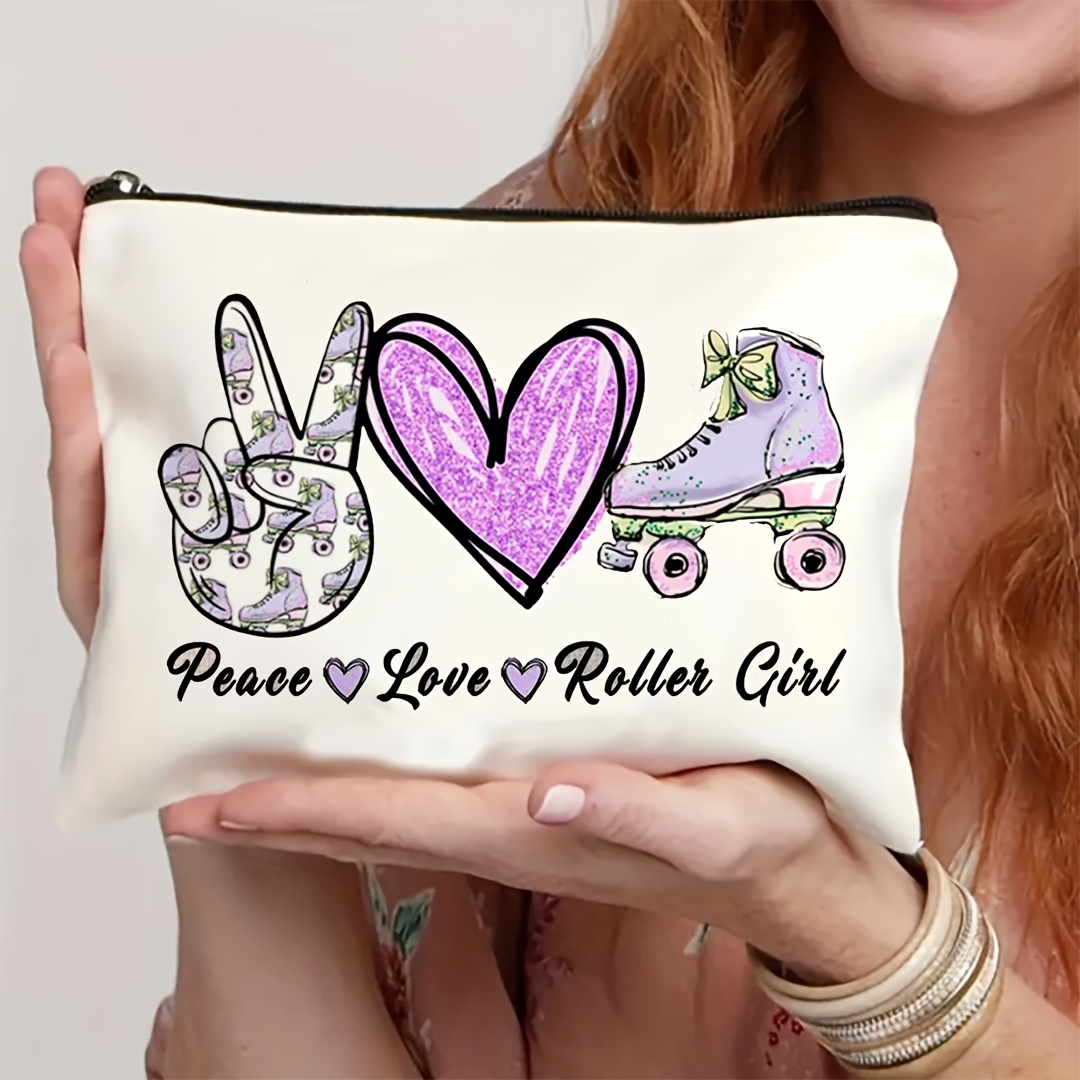 Travel Accessories For Girls - 1個入り ピース、ラブ＆ローラースケートガール レトロデザイン 多機能トラベルメイクアップバッグ、スナック収納バッグ、文房具収納バッグ、ファッショントイレタリーバッグ、キャンバス両面プリントジッパーポーチ