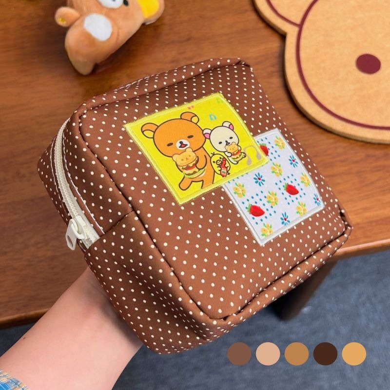 Travel Accessories And Bags - かわいいリラックマブラウンポルカドット化粧品バッグかわいいクマのパッチプリントジッパー収納ポーチ大容量旅行用化粧バッグ