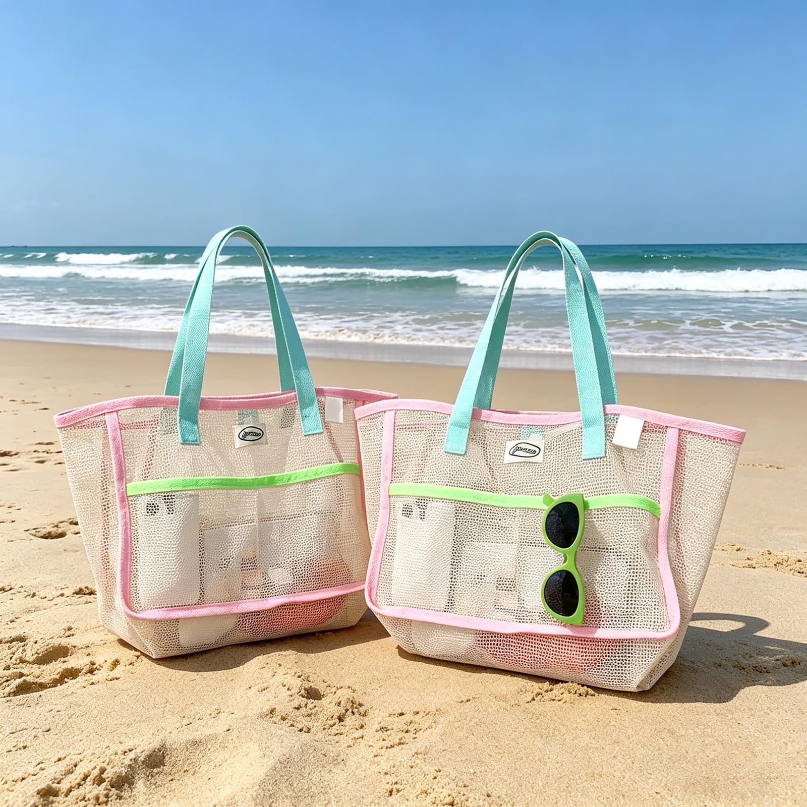Travel Accessories And Bags - 女性用ビーチバッグ カラフルな折りたたみ式ネットサンドトートバッグ 旅行用プール収納ポケット ビーチアクセサリー用