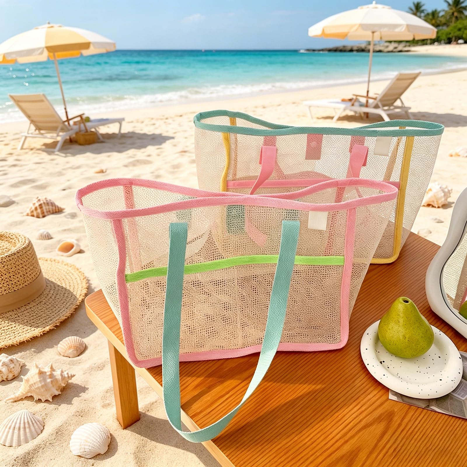 女性用ビーチバッグ カラフルな折りたたみ式ネットサンドトート - Travel Accessories And Bags のレビューと価格