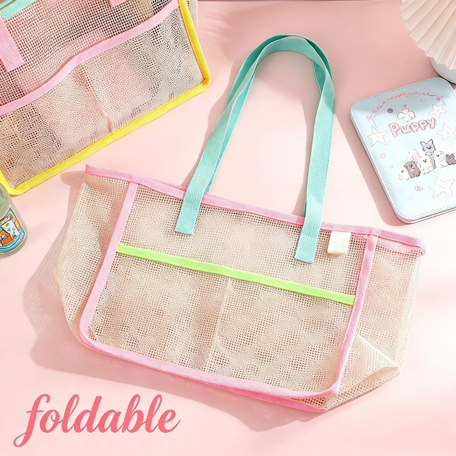 女性用ビーチバッグ カラフルな折りたたみ式ネットサンドトート - Travel Accessories And Bags のレビューと価格